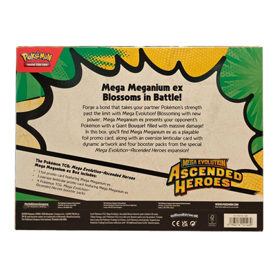 Ascended Heroes Mega Meganium ex Collection Box (Engels) – echte achterkant van de verpakking