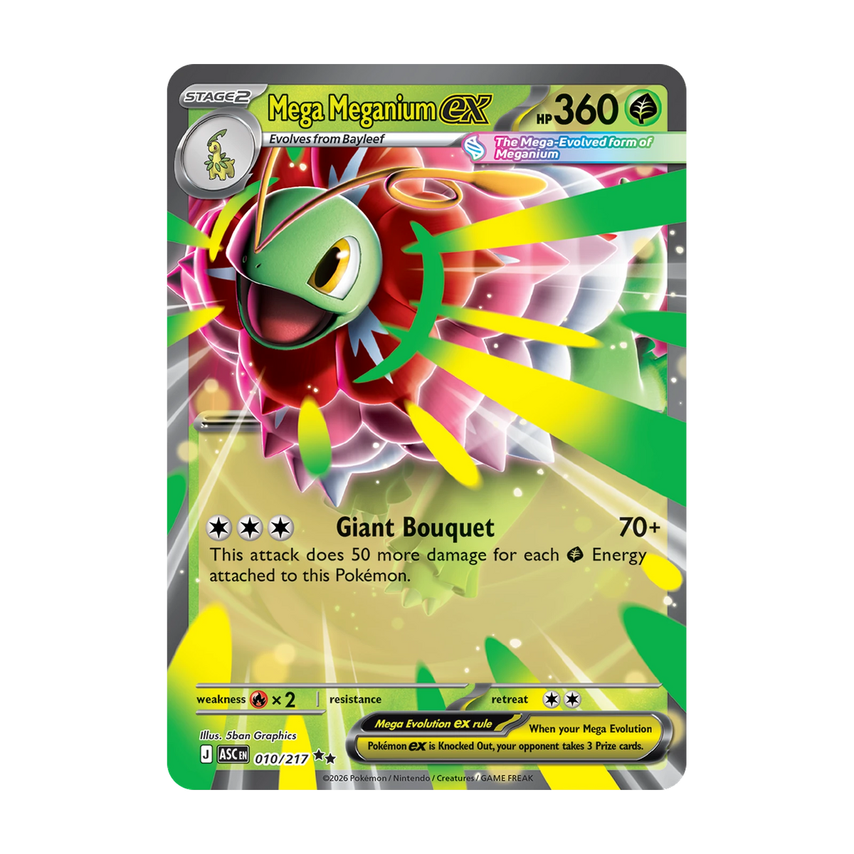 Mogelijke pull: Mega Meganium ex 010/217, Ascended Heroes (Engels). Niet gegarandeerd inbegrepen; dit is niet de gegarandeerde promokaart.