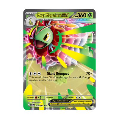 Mogelijke pull: Mega Meganium ex 010/217, Ascended Heroes (Engels). Niet gegarandeerd inbegrepen; dit is niet de gegarandeerde promokaart.