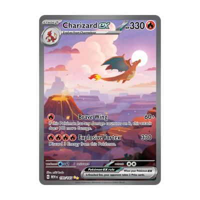 Chase-kaart: Charizard ex 199, 151 Booster Pack (Engels). Mogelijke pull; niet gegarandeerd inbegrepen.