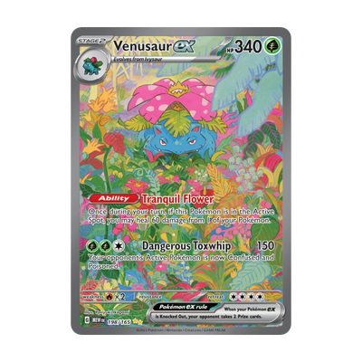 Chase-kaart: Venusaur ex 198, 151 Booster Pack (Engels). Mogelijke pull; niet gegarandeerd inbegrepen.