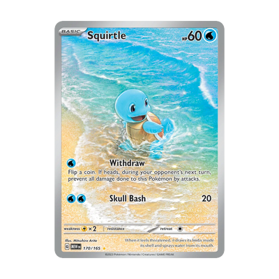 Chase-kaart: Squirtle 170, 151 Booster Pack (Engels). Mogelijke pull; niet gegarandeerd inbegrepen.