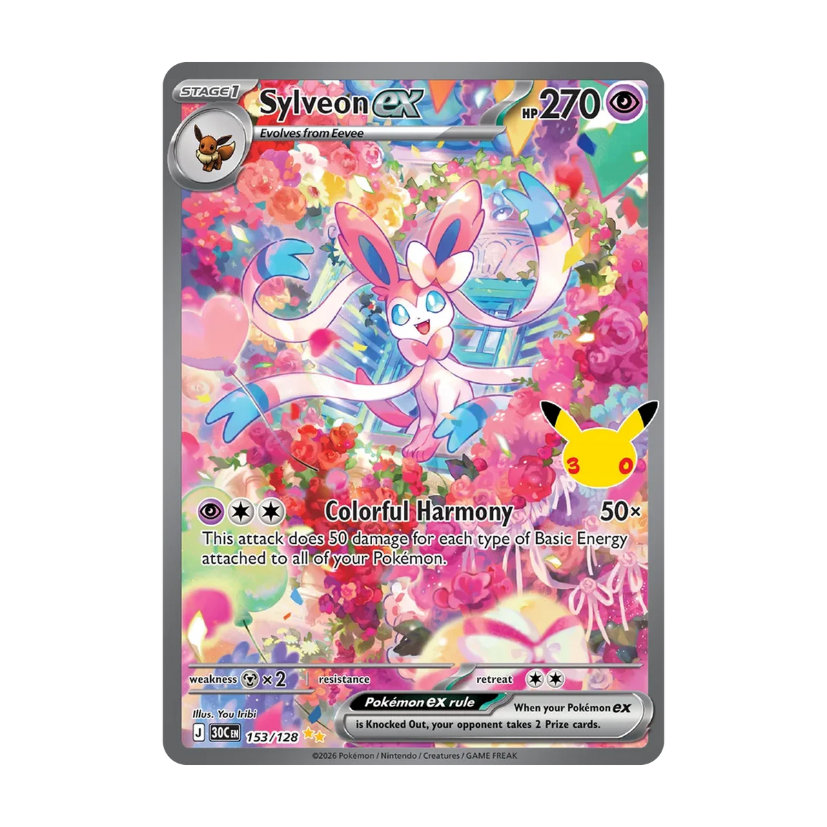 30th Celebration Booster Pack - chase-kaart 153 sylveon ex (Engels). Mogelijke pull; niet gegarandeerd inbegrepen.