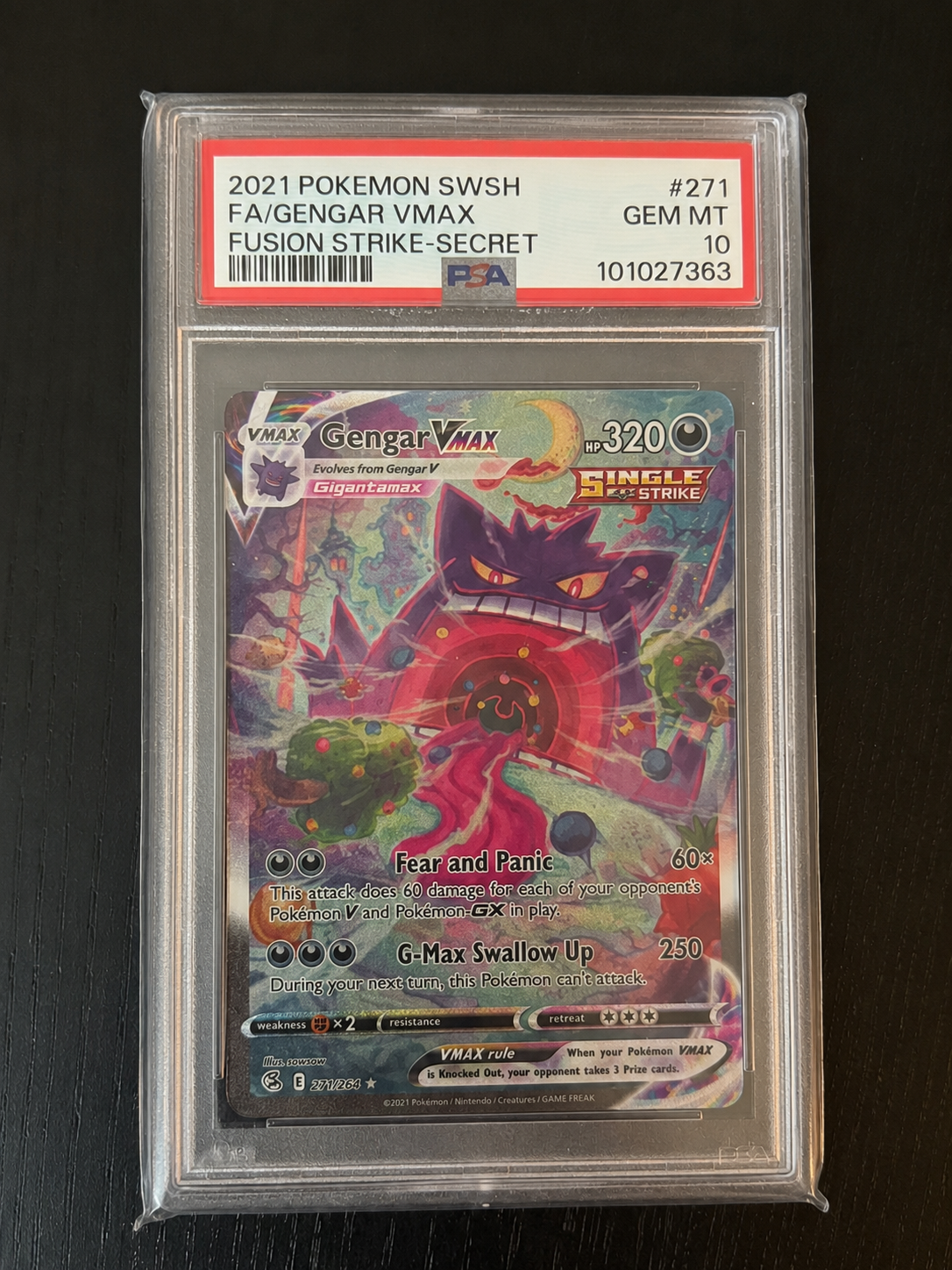 PSA 10 Gengar VMAX – Fusion Strike Secret Rare #271