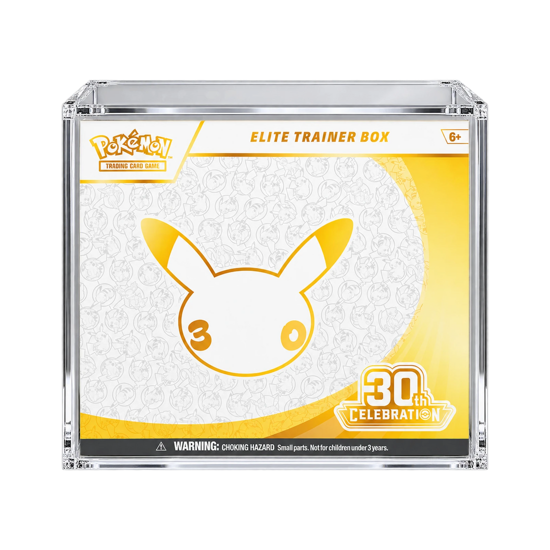 30th Celebration ETB Acrylic Protective Case - vooraanzicht met voorbeeldproduct. Gegenereerde productvisualisatie. Box niet inbegrepen.