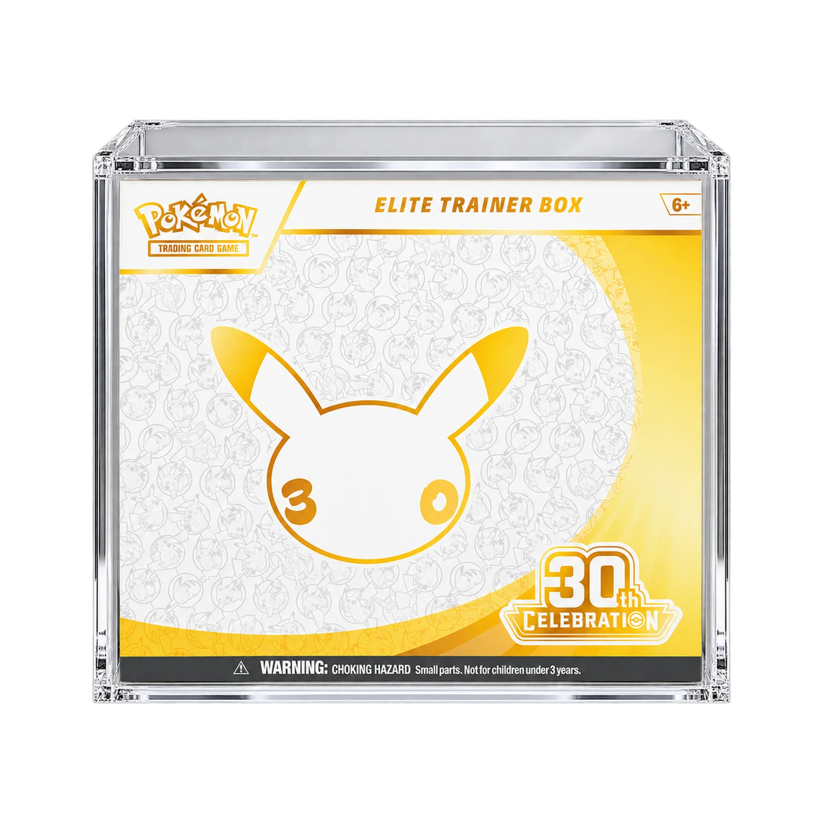 30th Celebration ETB Acrylic Protective Case - vooraanzicht met voorbeeldproduct. Gegenereerde productvisualisatie. Box niet inbegrepen.