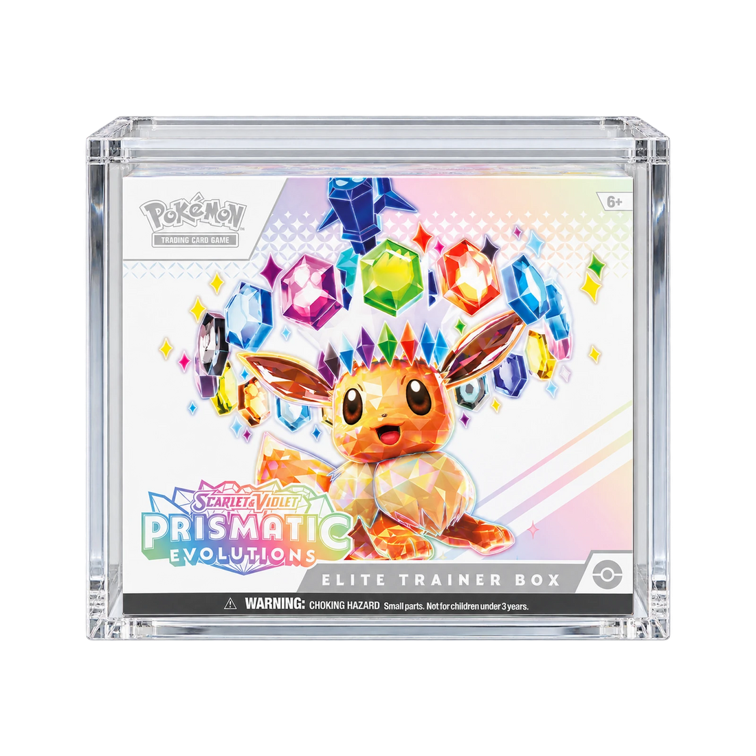Elite Trainer Box Acrylic Protective Case - vooraanzicht met voorbeeldproduct. Gegenereerde productvisualisatie. Box niet inbegrepen.