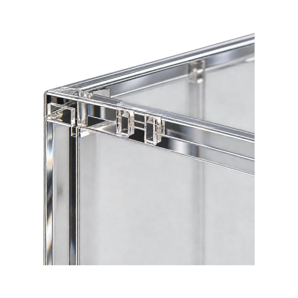 Elite Trainer Box Acrylic Protective Case - detail van acrylrand en paneelverbinding. Gegenereerde productvisualisatie.
