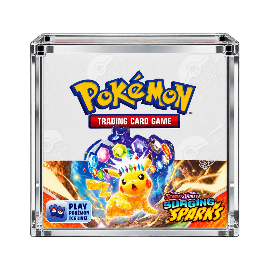 Booster Box Acrylic Protective Case - vooraanzicht met voorbeeldproduct. Gegenereerde productvisualisatie. Box niet inbegrepen.