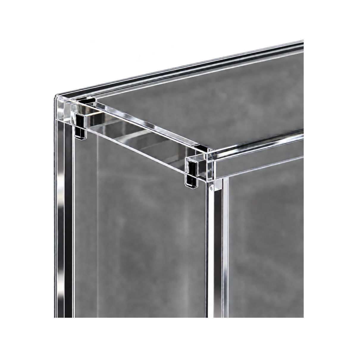 Booster Box Acrylic Protective Case - detail van acrylrand en paneelverbinding. Gegenereerde productvisualisatie.