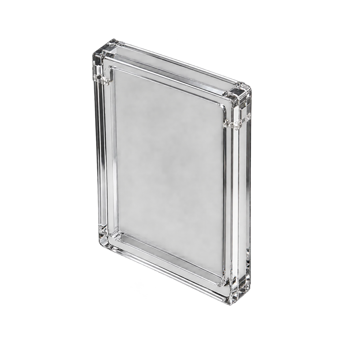 PSA Acrylic Protective Case - bovenkant en sluiting van de lege case. Gegenereerde productvisualisatie.