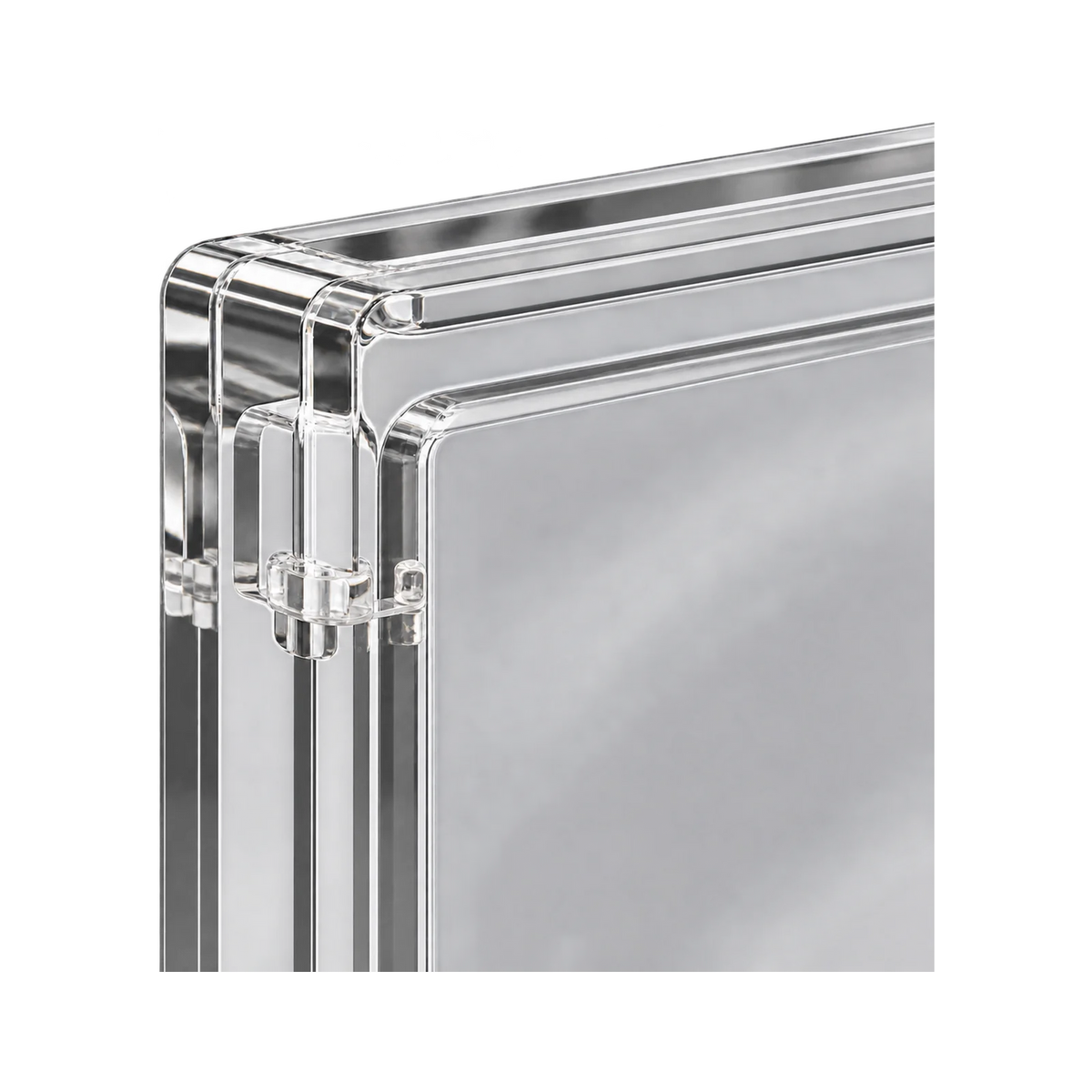 PSA Acrylic Protective Case - detail van acrylrand en paneelverbinding. Gegenereerde productvisualisatie.