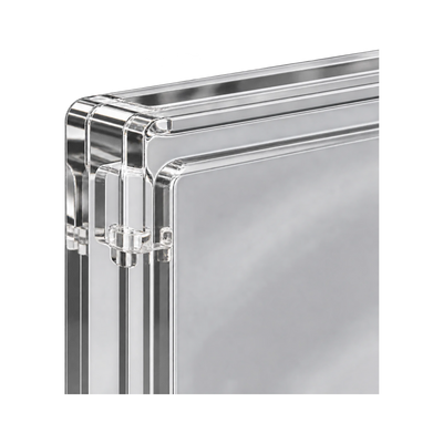 PSA Acrylic Protective Case - detail van acrylrand en paneelverbinding. Gegenereerde productvisualisatie.