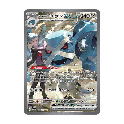 Ascended Heroes Booster Pack - chase-kaart 289 steven s metagross ex (Engels). Mogelijke pull; niet gegarandeerd inbegrepen.