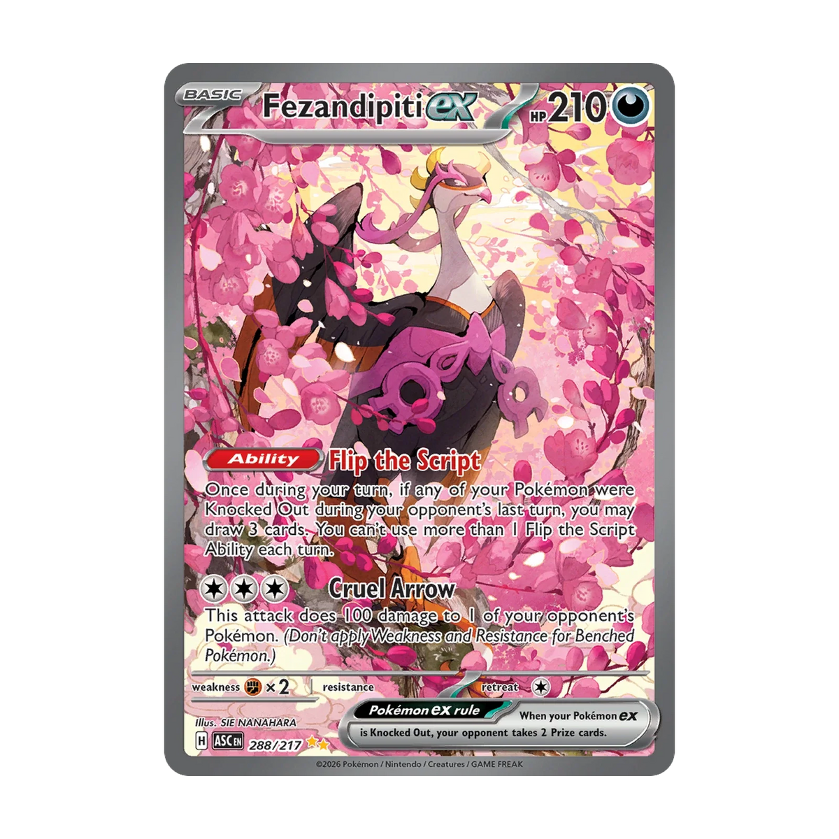 Ascended Heroes Booster Pack - chase-kaart 288 fezandipiti ex (Engels). Mogelijke pull; niet gegarandeerd inbegrepen.