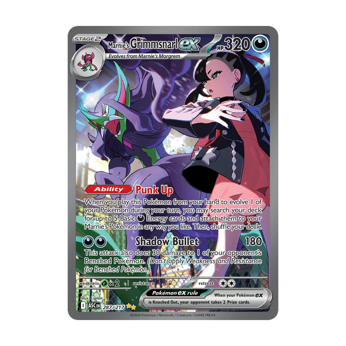Ascended Heroes Booster Pack - chase-kaart 287 marnie s grimmsnarl ex (Engels). Mogelijke pull; niet gegarandeerd inbegrepen.