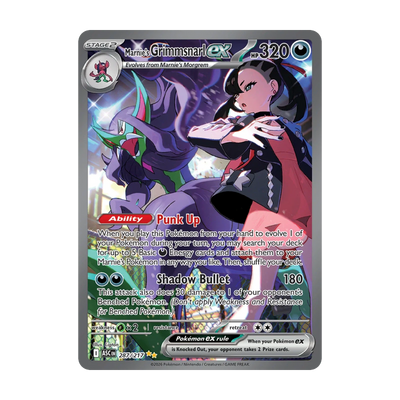 Ascended Heroes Booster Pack - chase-kaart 287 marnie s grimmsnarl ex (Engels). Mogelijke pull; niet gegarandeerd inbegrepen.