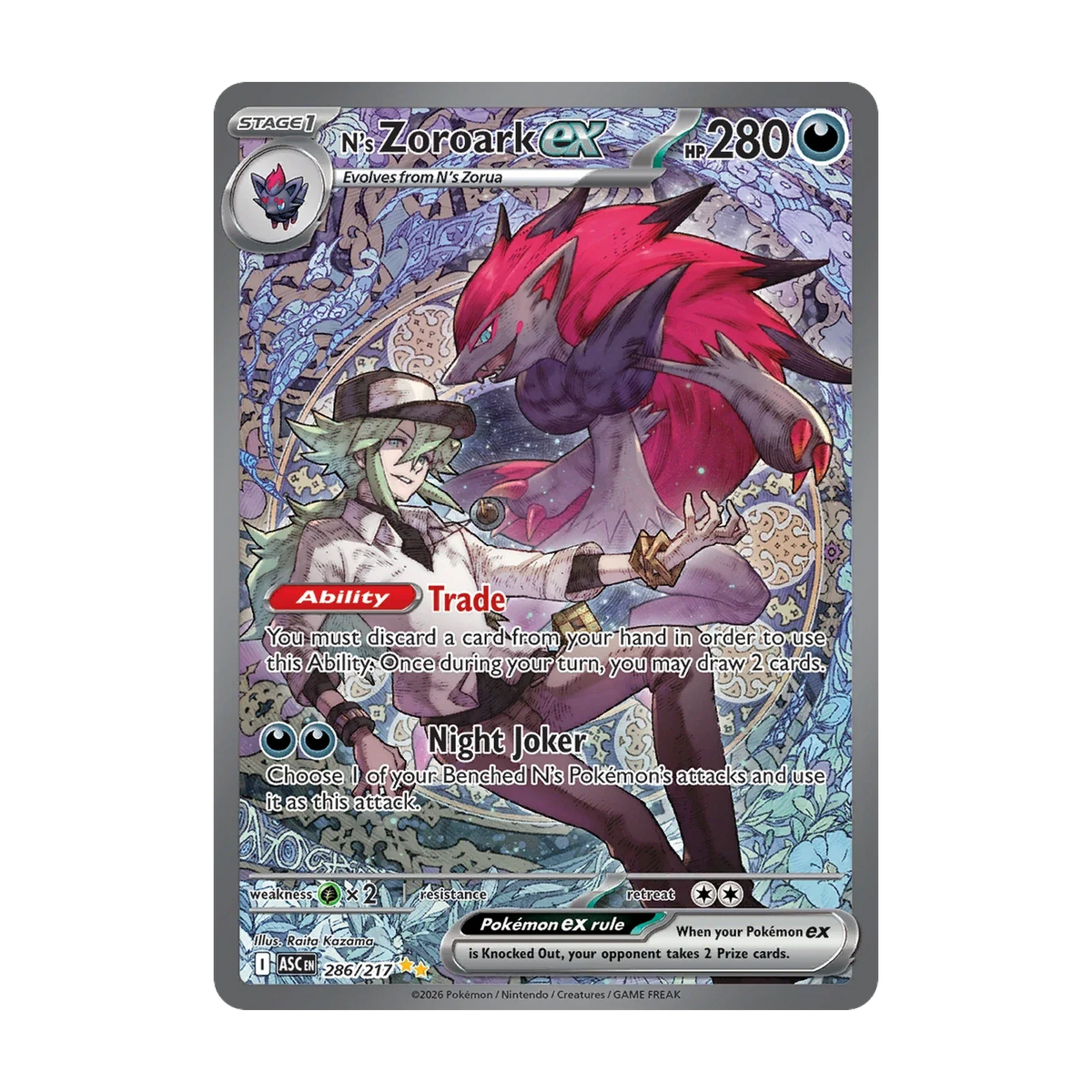 Ascended Heroes Booster Pack - chase-kaart 286 n s zoroark ex (Engels). Mogelijke pull; niet gegarandeerd inbegrepen.