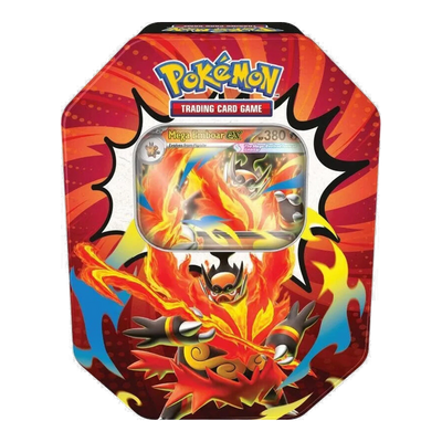 Ascended Heroes Tin 4 Packs – tin Mega Emboar ex, voorkant (ontwerp kan variëren)