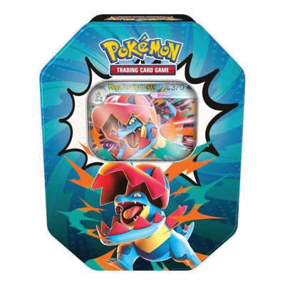 Ascended Heroes Tin 4 Packs – tin Mega Feraligatr ex, voorkant (ontwerp kan variëren)