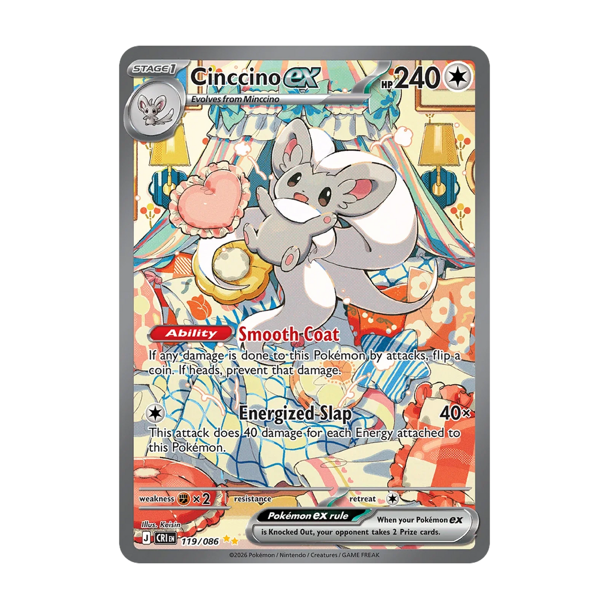 Chase-kaart: Cinccino ex 119, Chaos Rising Booster Pack (Engels). Mogelijke pull; niet gegarandeerd inbegrepen.