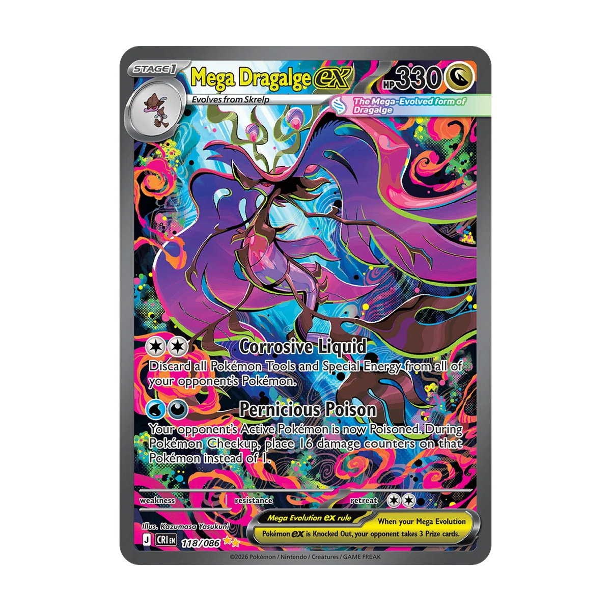 Chase-kaart: Mega Dragalge ex 118, Chaos Rising Booster Pack (Engels). Mogelijke pull; niet gegarandeerd inbegrepen.