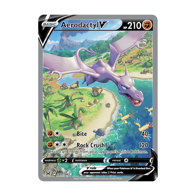 Chase-kaart: Aerodactyl V 180, Lost Origin Booster Pack (Engels). Mogelijke pull; niet gegarandeerd inbegrepen.