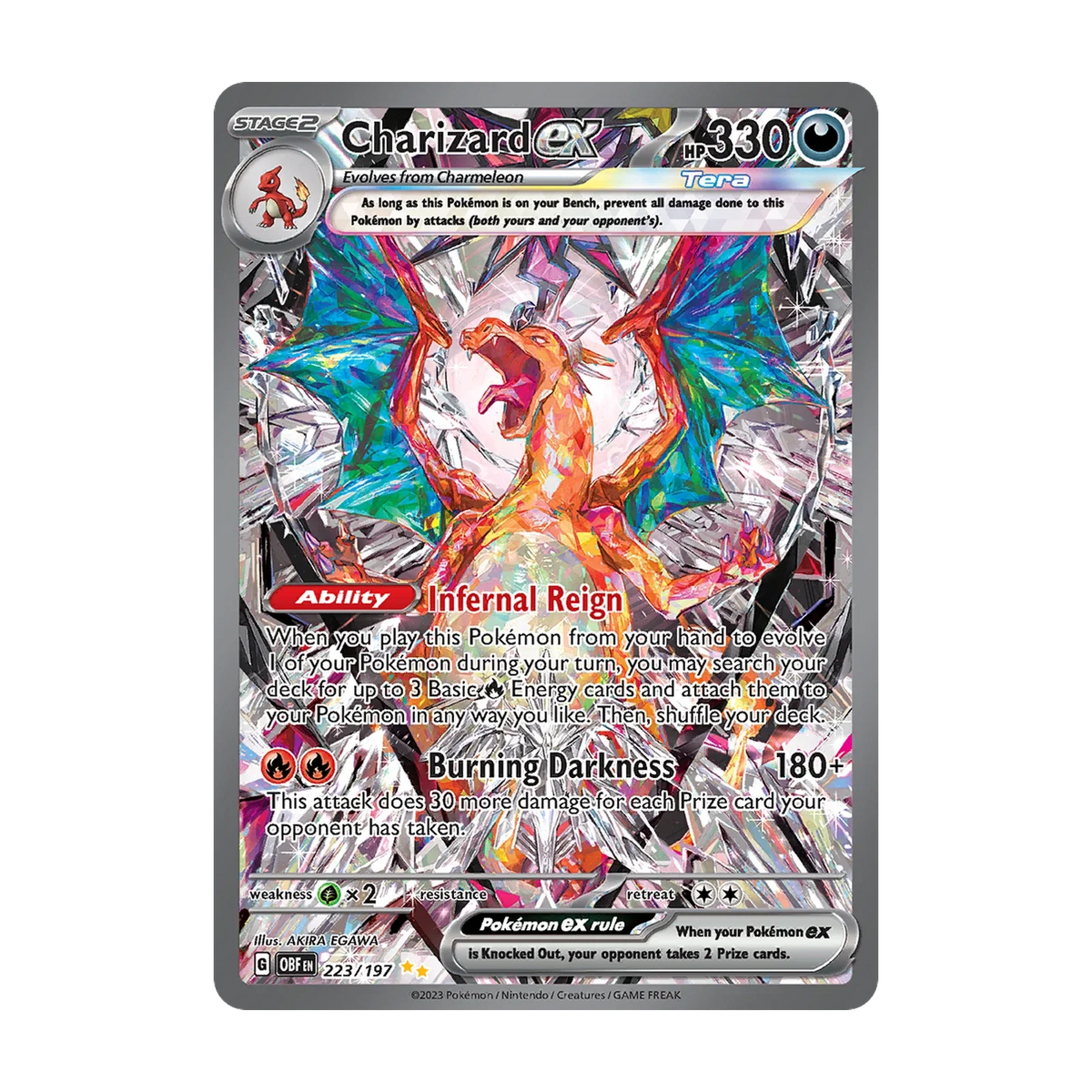 Obsidian Flames Booster Pack - chase-kaart 223 charizard ex (Engels). Mogelijke pull; niet gegarandeerd inbegrepen.