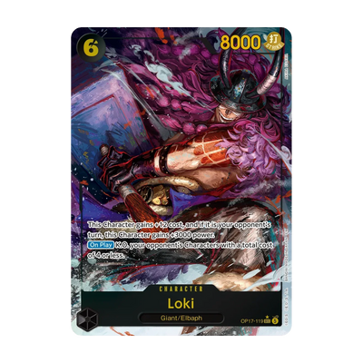 One Piece OP17 Booster Box (Engels) – Chase-kaart: Loki OP17-119 (Engels). Mogelijke pull; niet gegarandeerd inbegrepen.