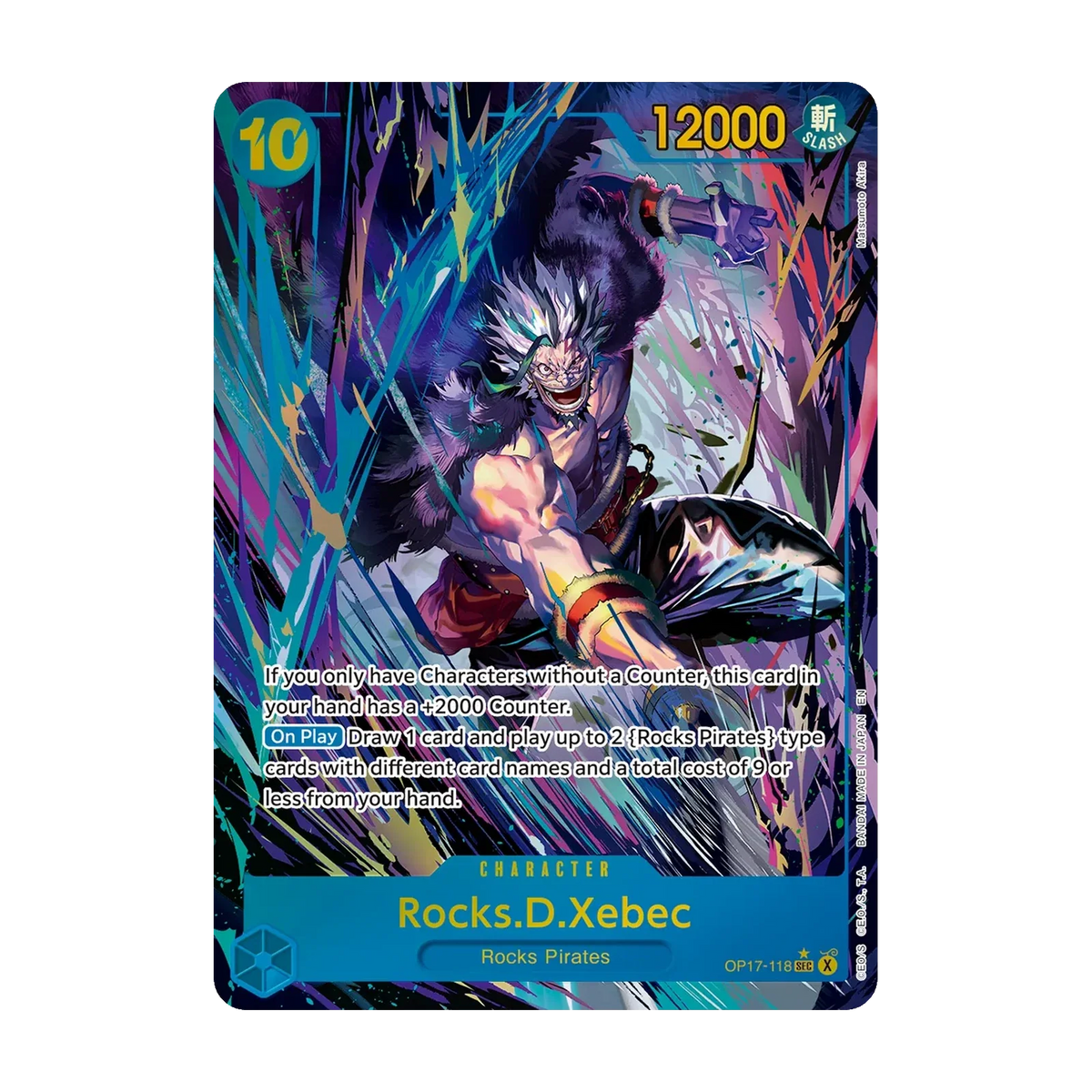 One Piece OP17 Booster Box (Engels) – Chase-kaart: Rocks.D.Xebec OP17-118 (Engels). Mogelijke pull; niet gegarandeerd inbegrepen.