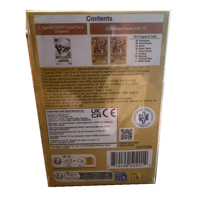 One Piece OP17 Double Pack (Engels) – achterkant met inhoud, barcode en distributeursgegevens
