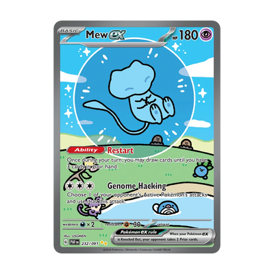 Chase-kaart: Mew ex 232, Paldean Fates Booster Pack (Engels). Mogelijke pull; niet gegarandeerd inbegrepen.