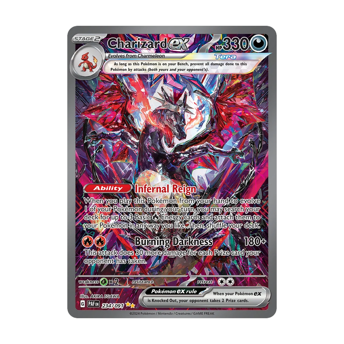 Chase-kaart: Charizard ex 234, Paldean Fates Booster Pack (Engels). Mogelijke pull; niet gegarandeerd inbegrepen.