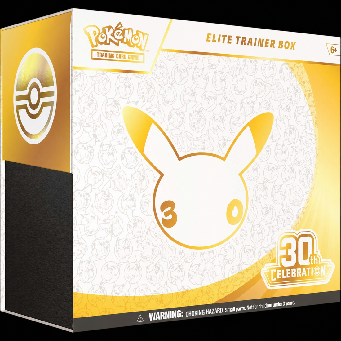 Pokémon 30th Celebration Elite Trainer Box op zwarte achtergrond