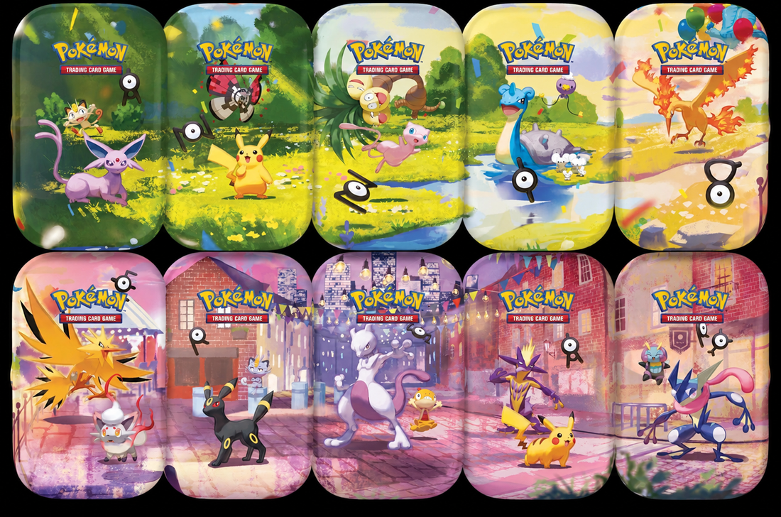 Pokémon 30th Celebration Mini Tins 10-Pack op zwarte achtergrond
