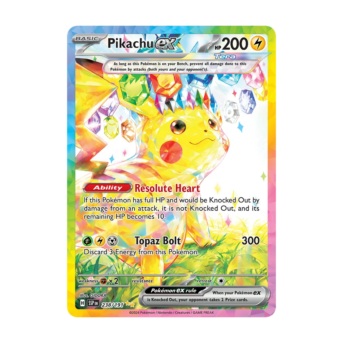 Surging Sparks Booster Pack - chase-kaart 238 pikachu ex (Engels). Mogelijke pull; niet gegarandeerd inbegrepen.