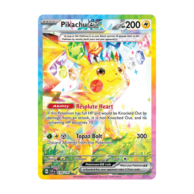 Surging Sparks Booster Pack - chase-kaart 238 pikachu ex (Engels). Mogelijke pull; niet gegarandeerd inbegrepen.