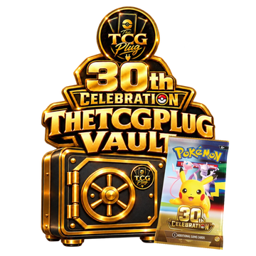 THETCGPLUG VAULT – 30th Celebration, zwart-goud promotiebeeld met een volledig zichtbare Engelse boosterpack