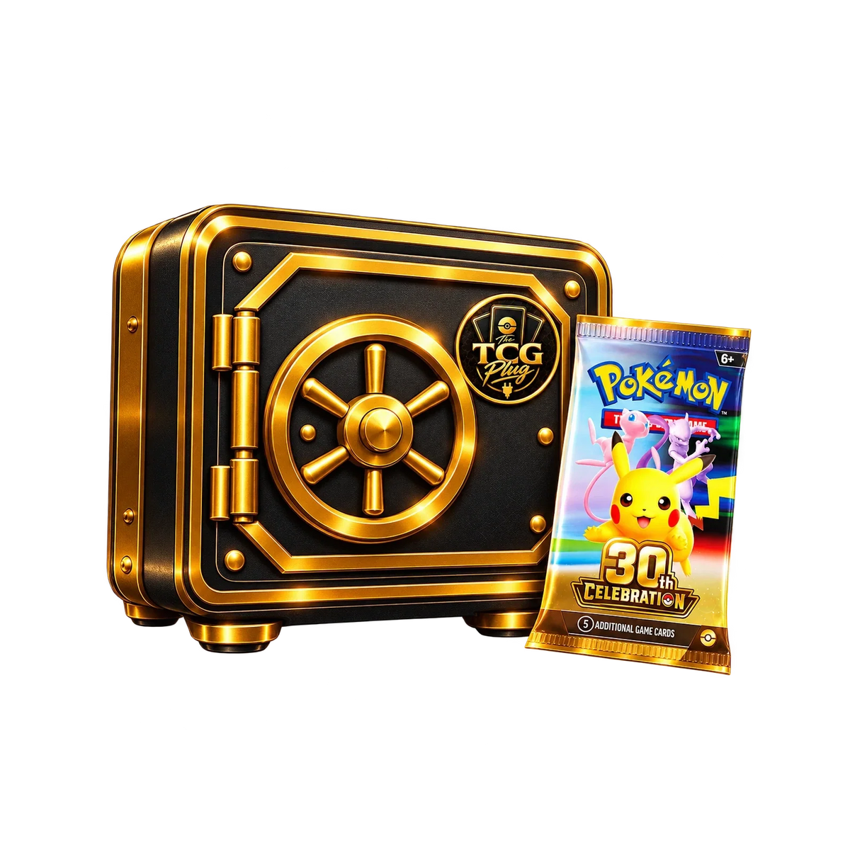 TheTCGPlug Vault – zwart-gouden communitykluis naast een Engelse 30th Celebration-boosterpack