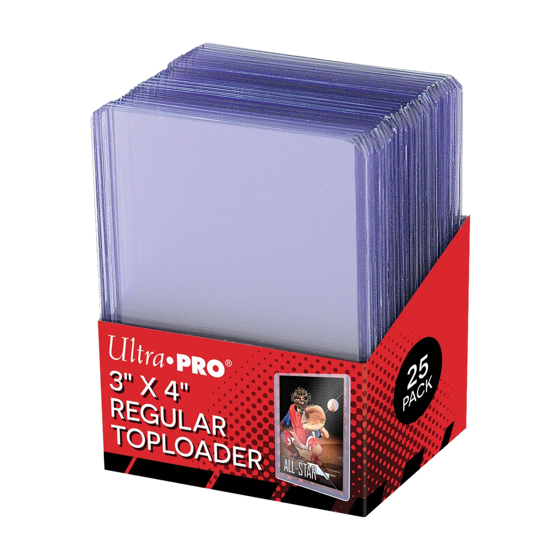 Toploaders Transparant Regular – 25 – verpakking, voorkant en rechterzijkant
