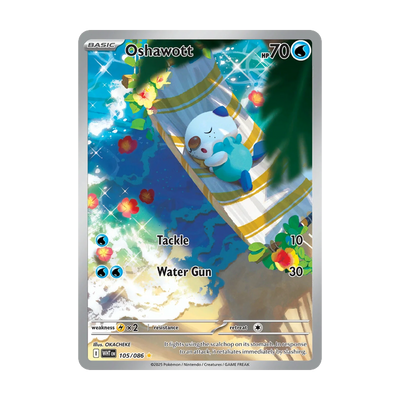 Chase-kaart: Oshawott 105, White Flare Booster Pack (Engels). Mogelijke pull; niet gegarandeerd inbegrepen.